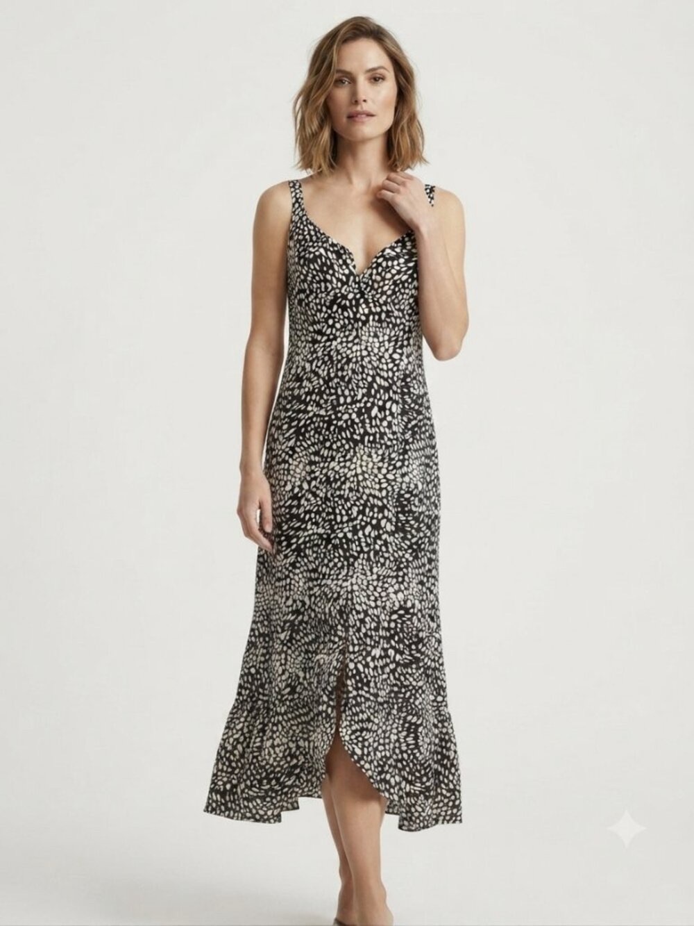 NWT Salwater Luxe Black White Abstract Spot V-Neck Slit Midi Dress Womens XS